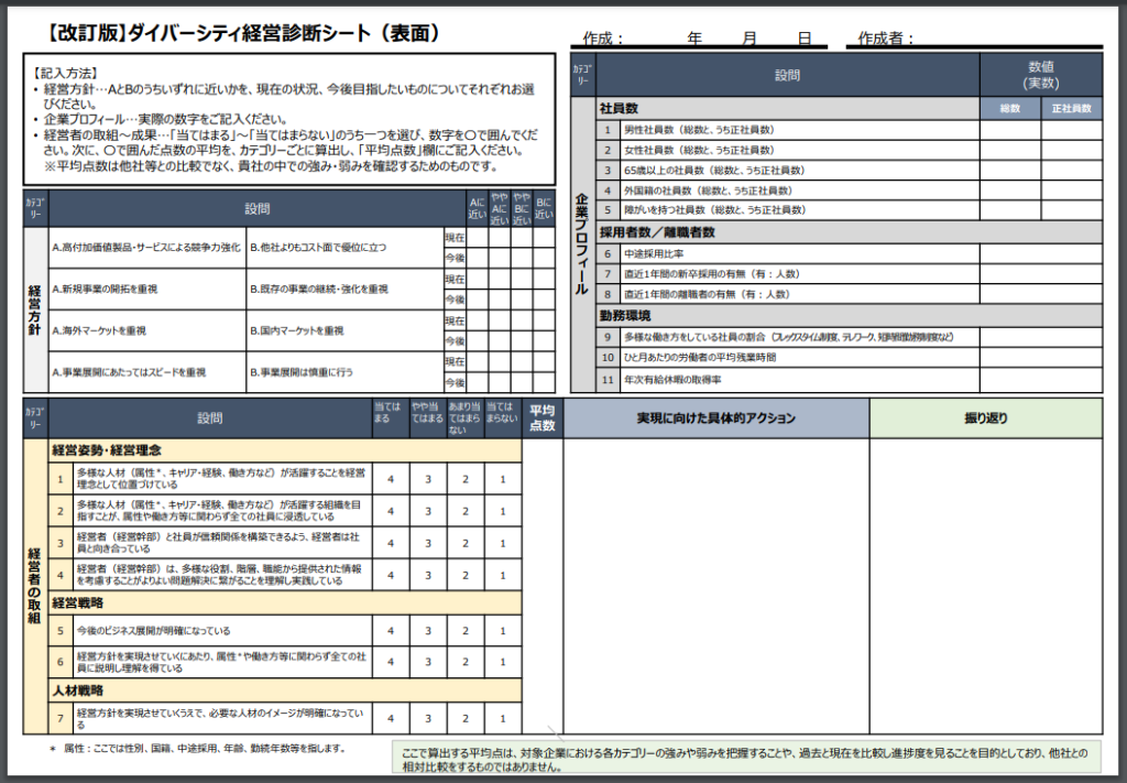 経済産業省ダイバーシティ経営診断シート表面